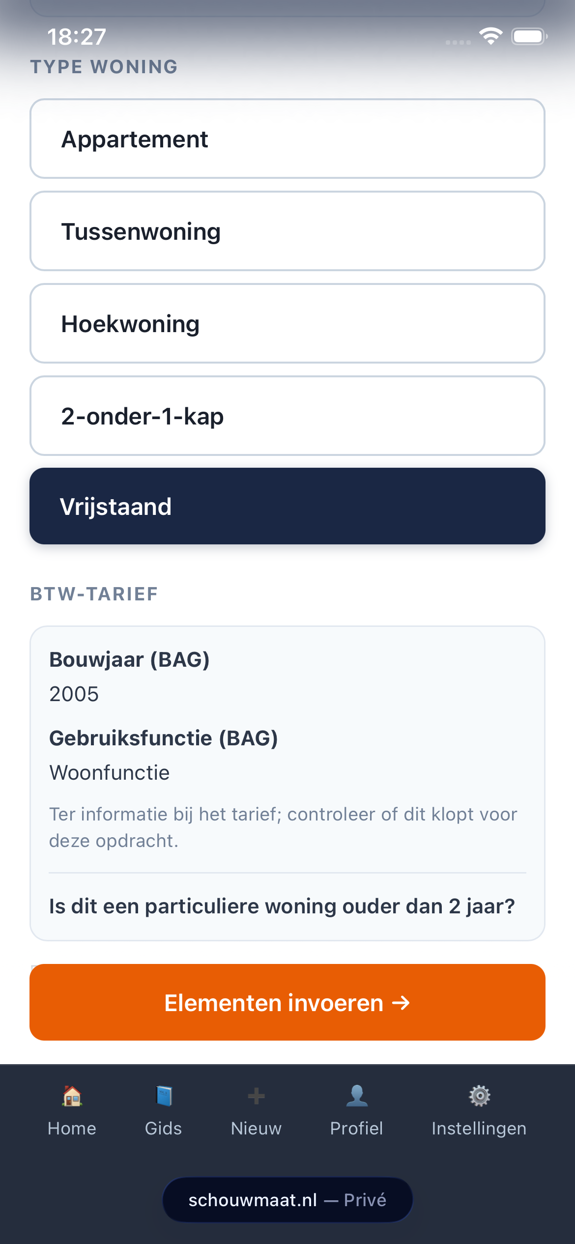 SchouwMaat-scherm: adres en woningtype invoeren op de oprit