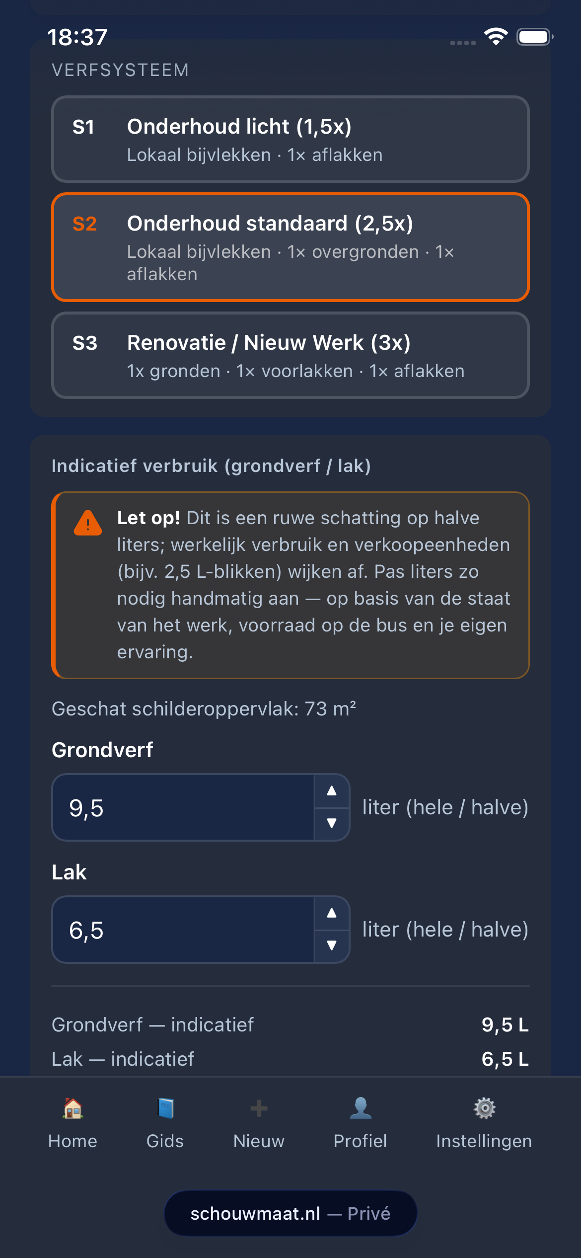 SchouwMaat-scherm: verfsysteem en geschat verbruik
