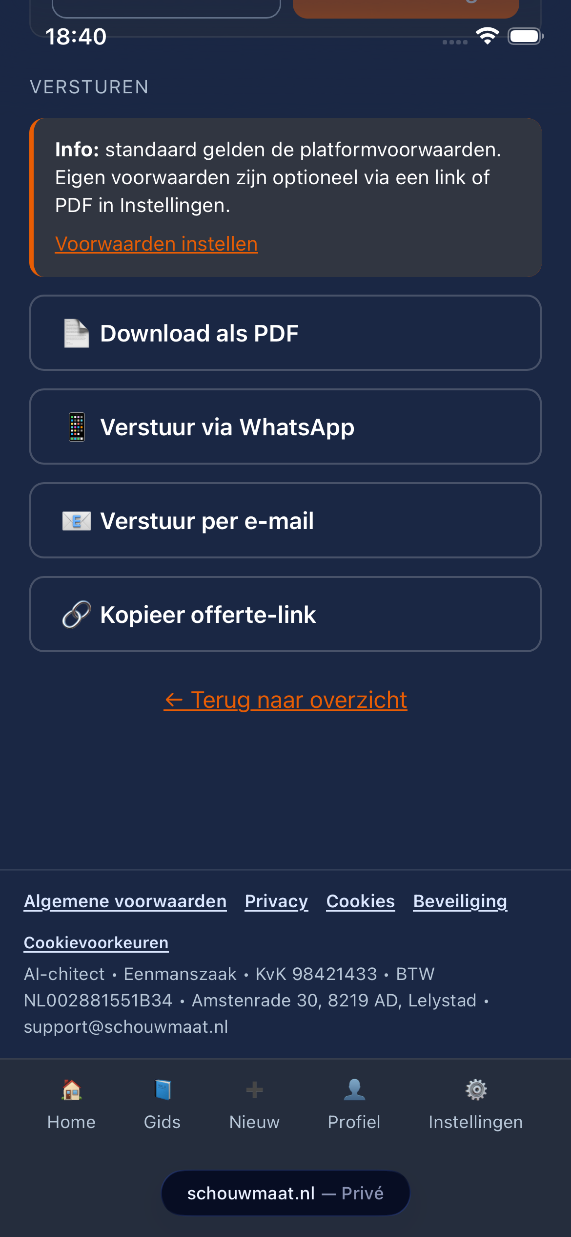 SchouwMaat-scherm: offerte versturen via WhatsApp, e-mail of link